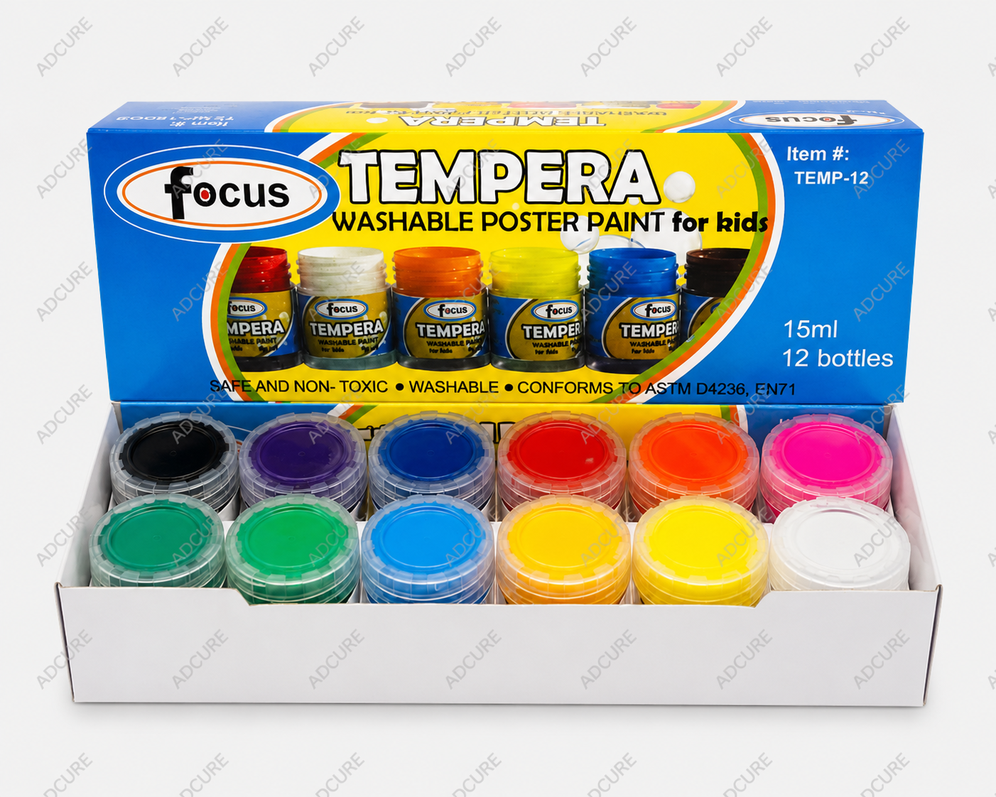 Focus Washable Tempera Poster Paint Set – 12 Colors × 15 mL